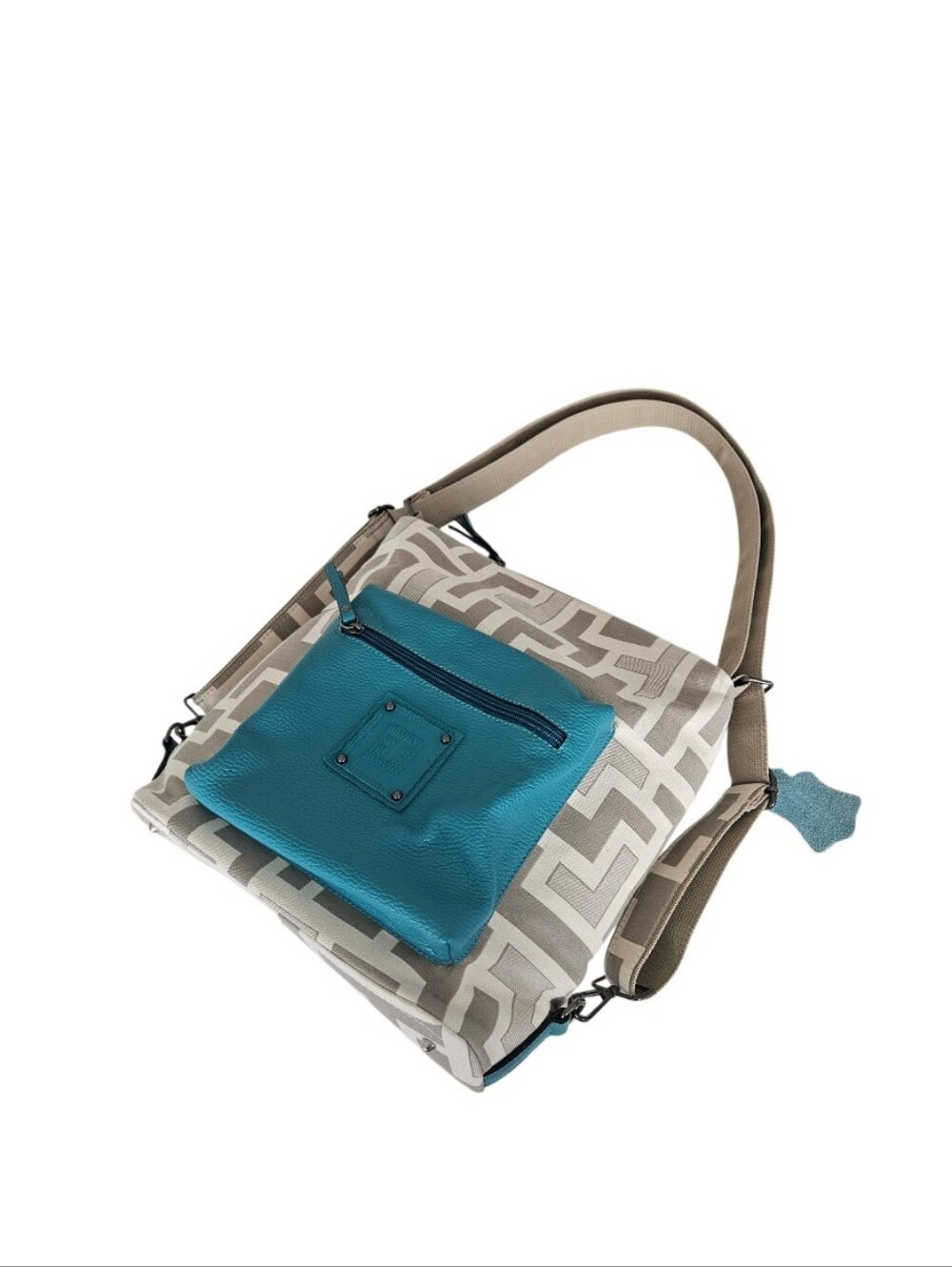 Forest Canvas Geo-Pattern Backpack -Sholder Bag with Teal Leather Pocket - Picture 15 of 16